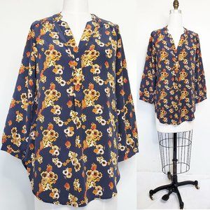 Amour Vert Womens Navy Floral Silk Blouse Top Tunic S